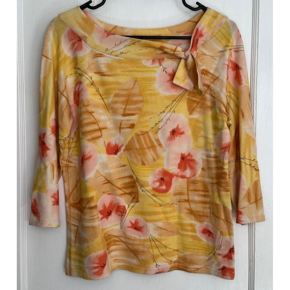 Pendleton Size Petite M Yellow Pink Orange Silk Blend Floral Sweater Tie Neck